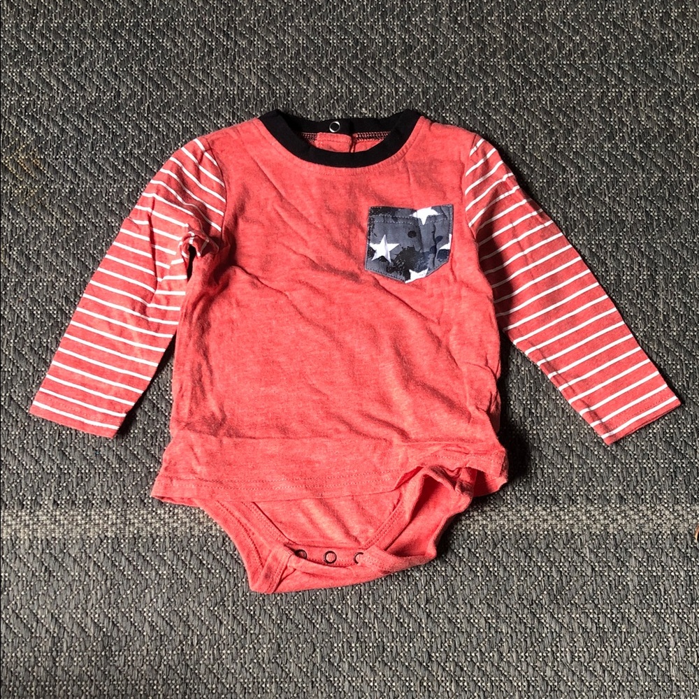 Long-Sleeve Red Baby Bodysuit with Star Pocket Detail